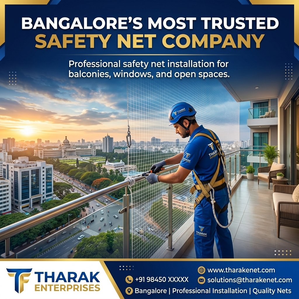 Tharak Enterprises team professionally installing safety nets on apartment building in Bangalore